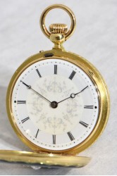 Patek Philippe translucent green enamelled 18k gold hunting case pocket watch, hand engraved dial with Calatrava Cross
