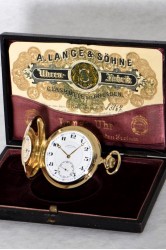 A. Lange & Söhne hunting case pocket watch with decorative blue 24h indication with an original sale document and leather box