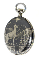 Zenith Niello-Silver case pocket watch "Deer in the mountains" scene