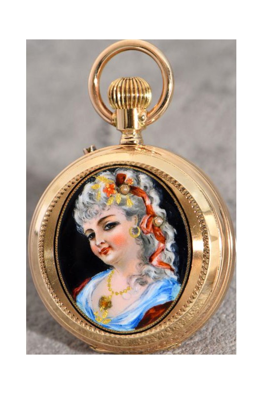 A. Huguenin Geneve dekorative, feine 14Kt Gold Damensavonnette mit traumhaft schönem Emailportrait