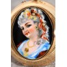 A. Huguenin Geneve dekorative, feine 14Kt Gold Damensavonnette mit traumhaft schönem Emailportrait
