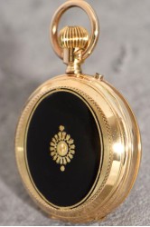 A. Huguenin Geneve decorative, fine 14k gold gold enamel lady's hunter case pocket watch