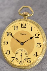 Seltene Cartier Herrentaschenuhr 18Kt Gold-Ausführung randseitig floral dekoriert